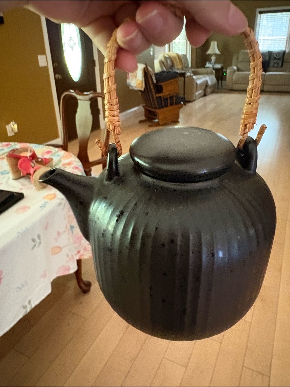 Bed Bath & Beyond Black Ribbed Ceramic Teapot with Woven Handle